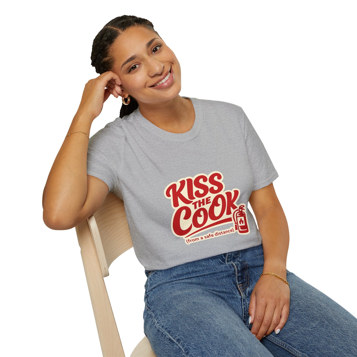 Kiss The Cook T-Shirt — Retro Red Graphic Tee ("Kiss The Cook from a safe distance")