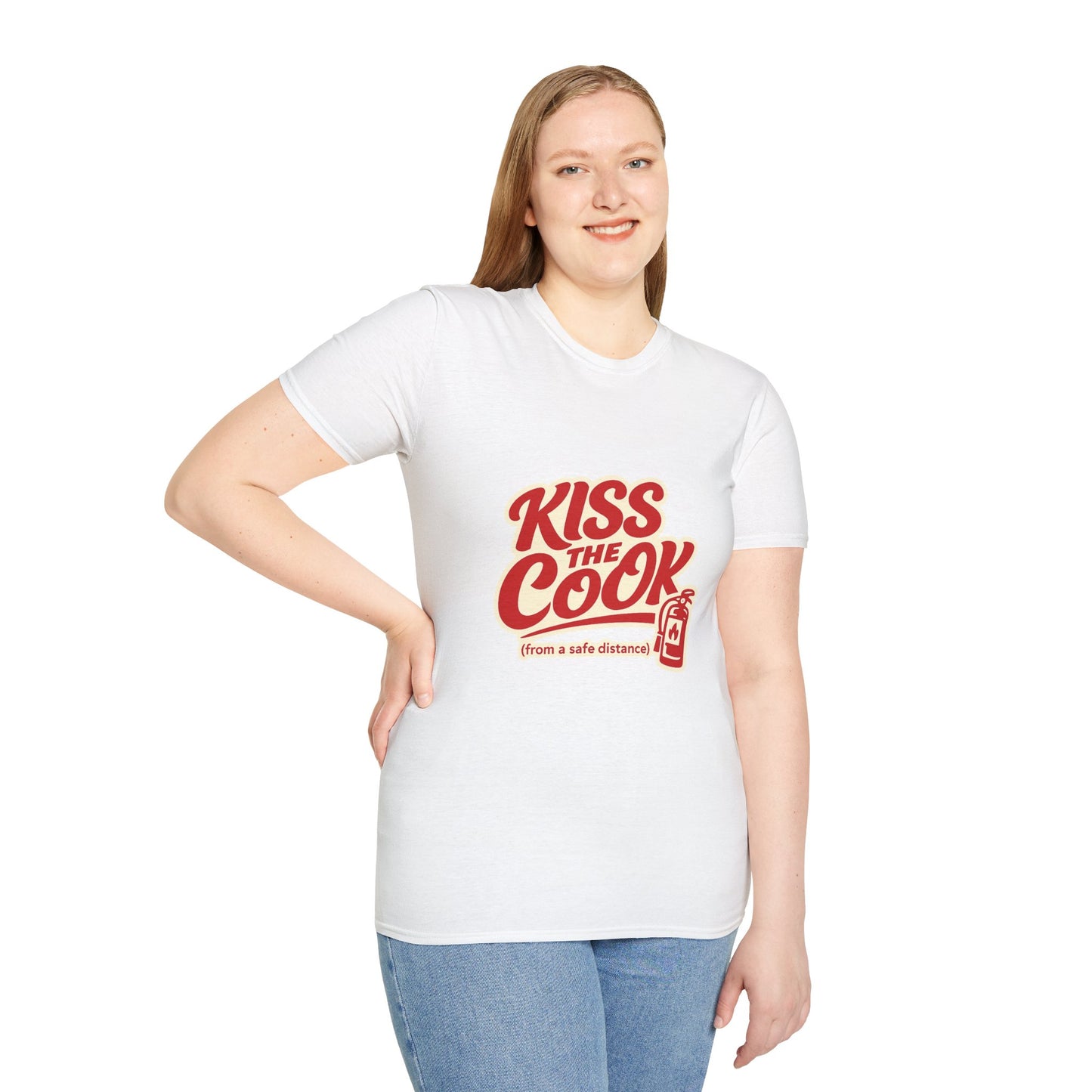 Kiss The Cook T-Shirt — Retro Red Graphic Tee ("Kiss The Cook from a safe distance")