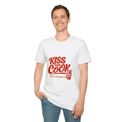 Kiss The Cook T-Shirt — Retro Red Graphic Tee ("Kiss The Cook from a safe distance")