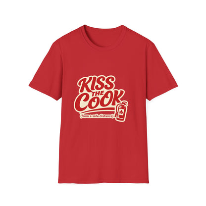 Kiss The Cook T-Shirt — Retro Red Graphic Tee ("Kiss The Cook from a safe distance")