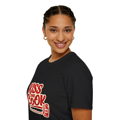 Kiss The Cook T-Shirt — Retro Red Graphic Tee ("Kiss The Cook from a safe distance")