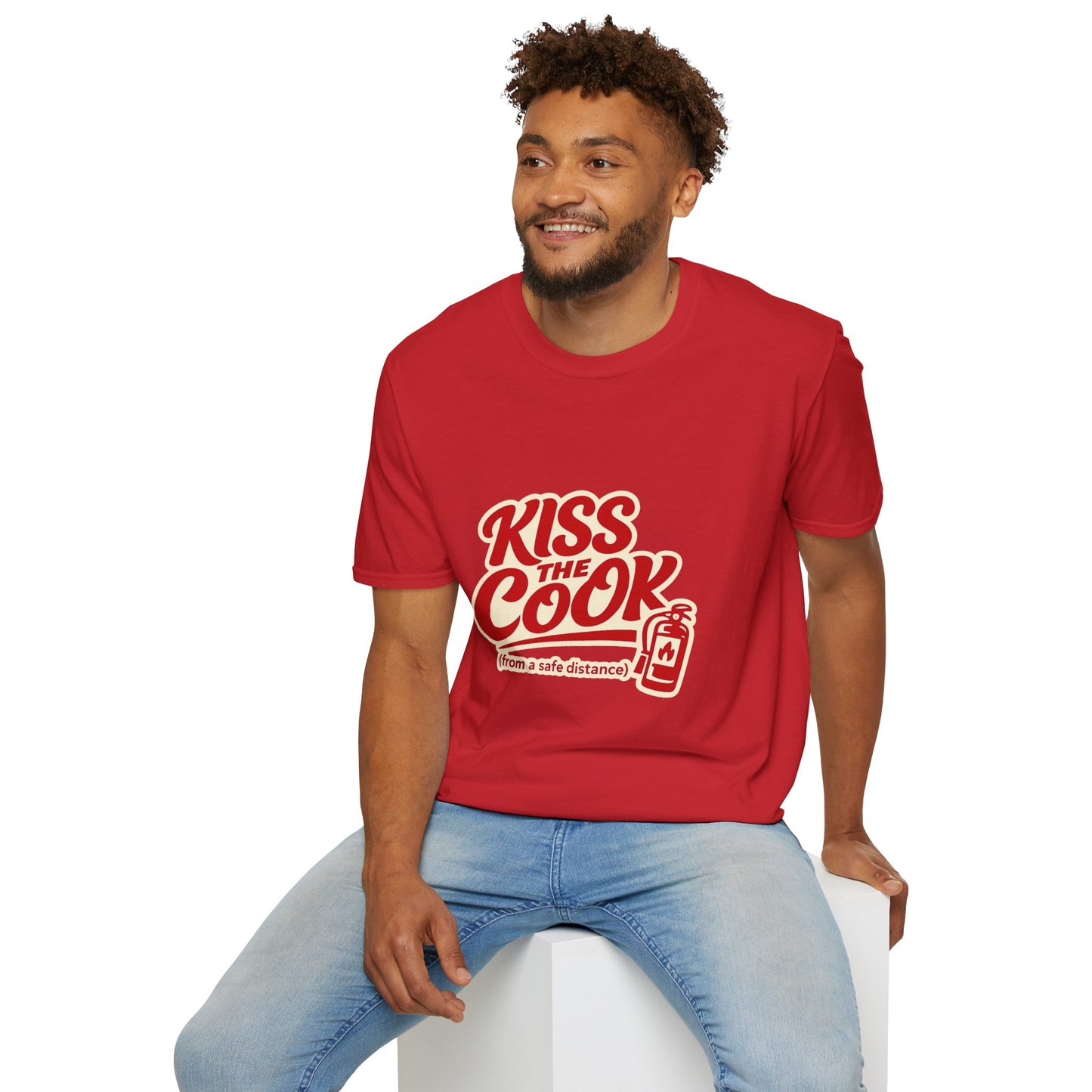 Kiss The Cook T-Shirt — Retro Red Graphic Tee ("Kiss The Cook from a safe distance")