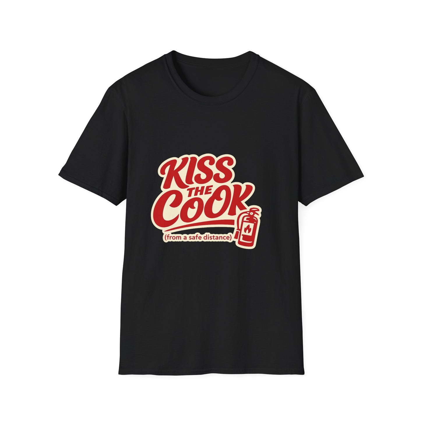 Kiss The Cook T-Shirt — Retro Red Graphic Tee ("Kiss The Cook from a safe distance")