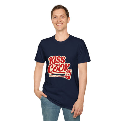 Kiss The Cook T-Shirt — Retro Red Graphic Tee ("Kiss The Cook from a safe distance")