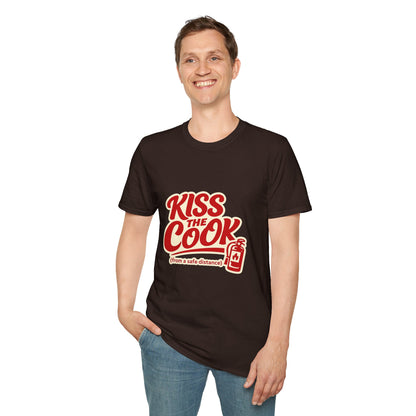 Kiss The Cook T-Shirt — Retro Red Graphic Tee ("Kiss The Cook from a safe distance")