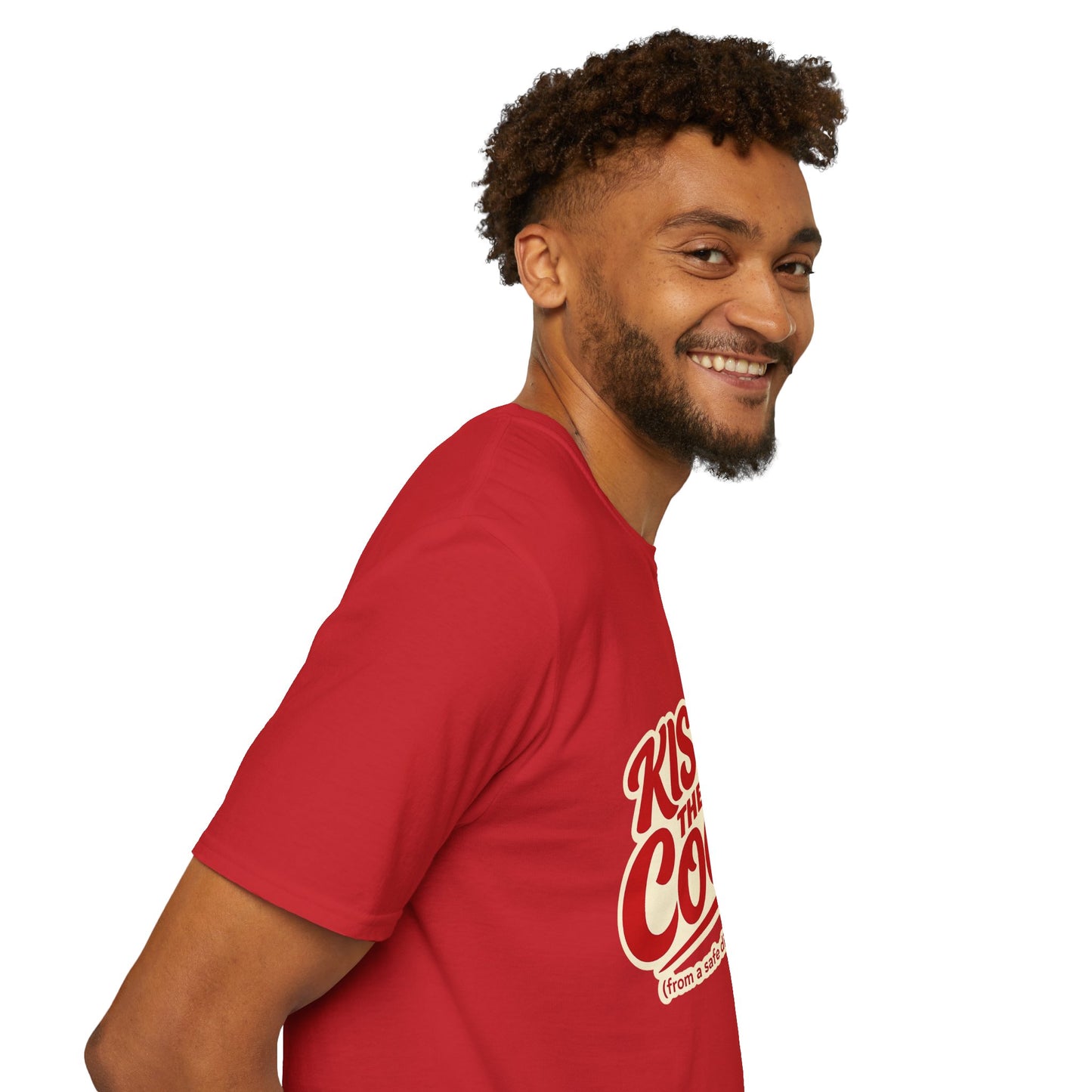Kiss The Cook T-Shirt — Retro Red Graphic Tee ("Kiss The Cook from a safe distance")