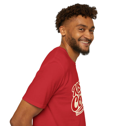 Kiss The Cook T-Shirt — Retro Red Graphic Tee ("Kiss The Cook from a safe distance")