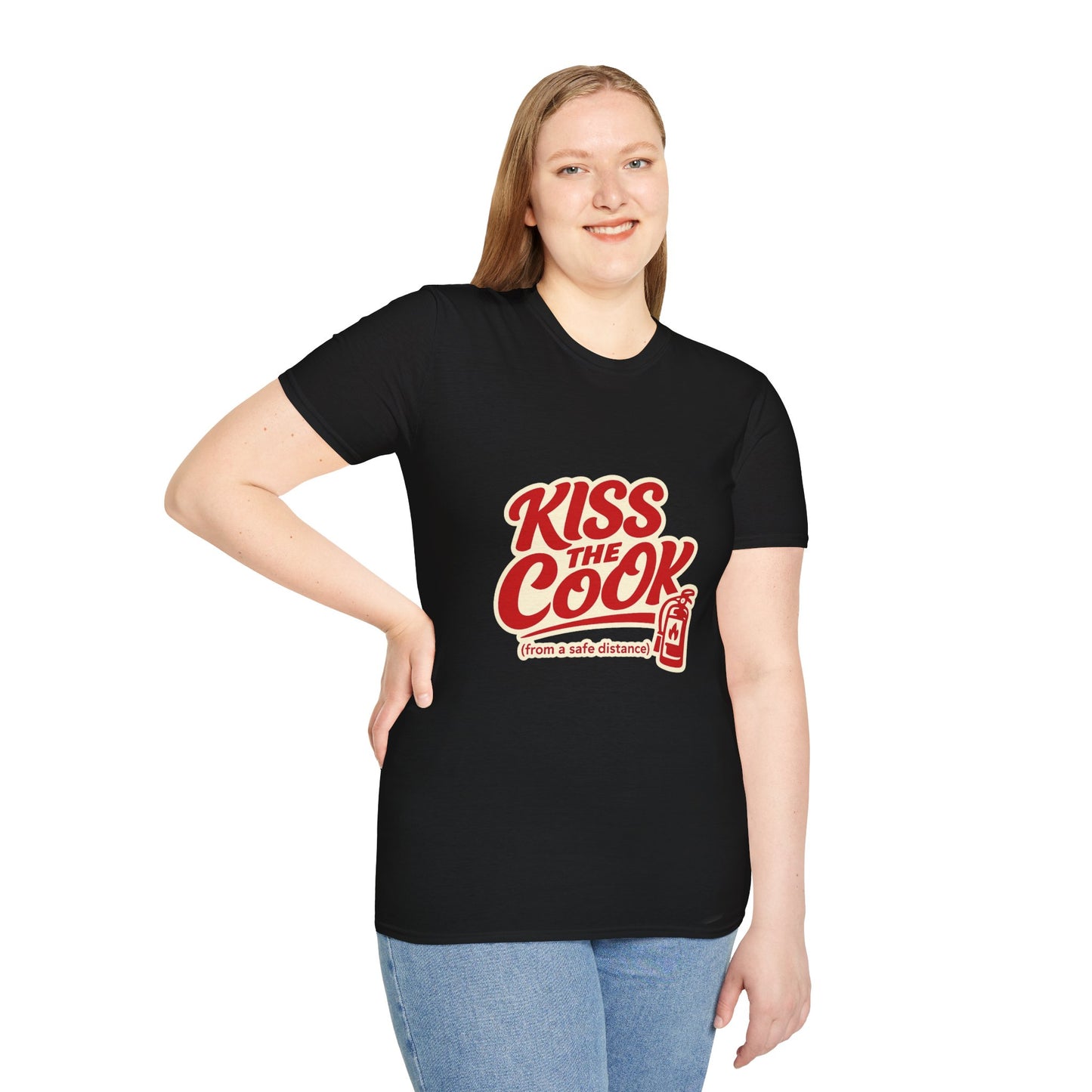 Kiss The Cook T-Shirt — Retro Red Graphic Tee ("Kiss The Cook from a safe distance")