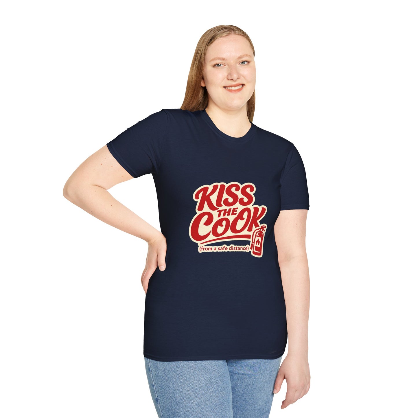 Kiss The Cook T-Shirt — Retro Red Graphic Tee ("Kiss The Cook from a safe distance")