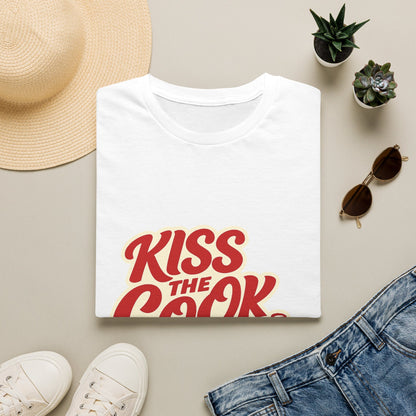 Kiss The Cook T-Shirt — Retro Red Graphic Tee ("Kiss The Cook from a safe distance")