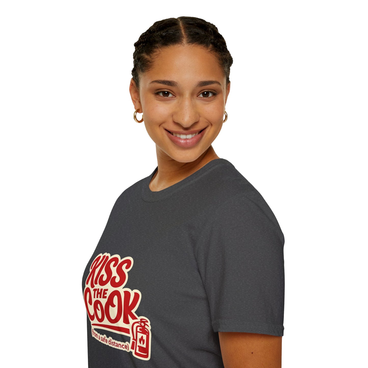 Kiss The Cook T-Shirt — Retro Red Graphic Tee ("Kiss The Cook from a safe distance")