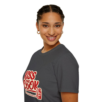 Kiss The Cook T-Shirt — Retro Red Graphic Tee ("Kiss The Cook from a safe distance")