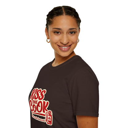 Kiss The Cook T-Shirt — Retro Red Graphic Tee ("Kiss The Cook from a safe distance")