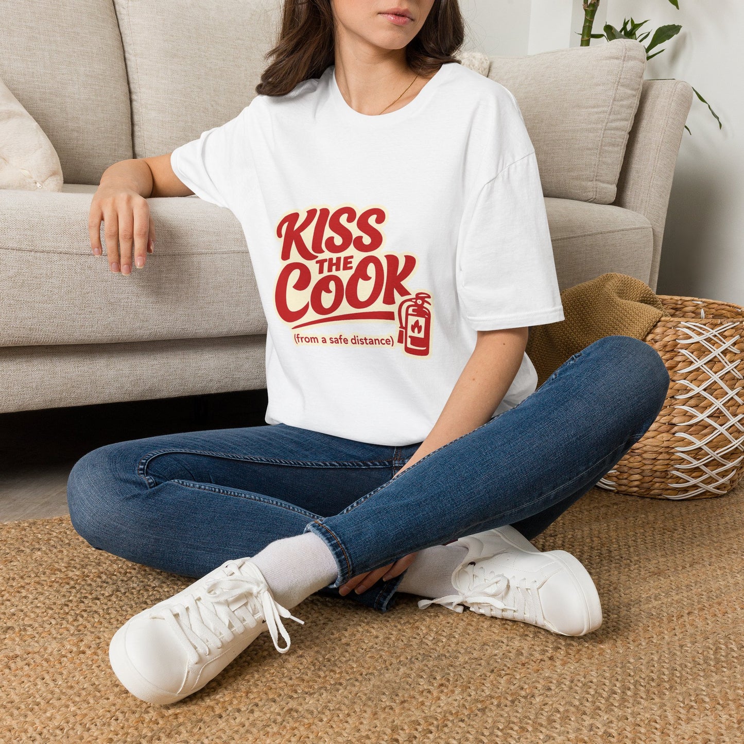 Kiss The Cook T-Shirt — Retro Red Graphic Tee ("Kiss The Cook from a safe distance")
