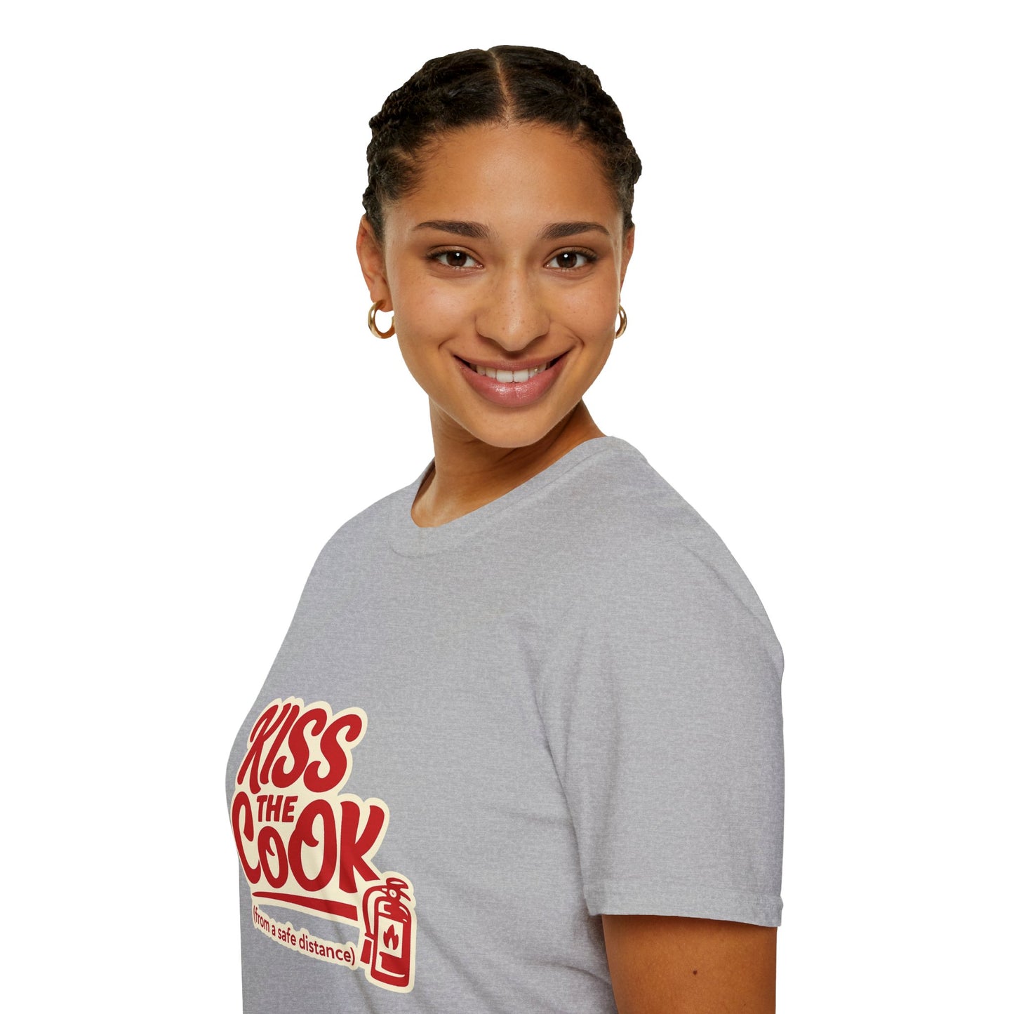 Kiss The Cook T-Shirt — Retro Red Graphic Tee ("Kiss The Cook from a safe distance")