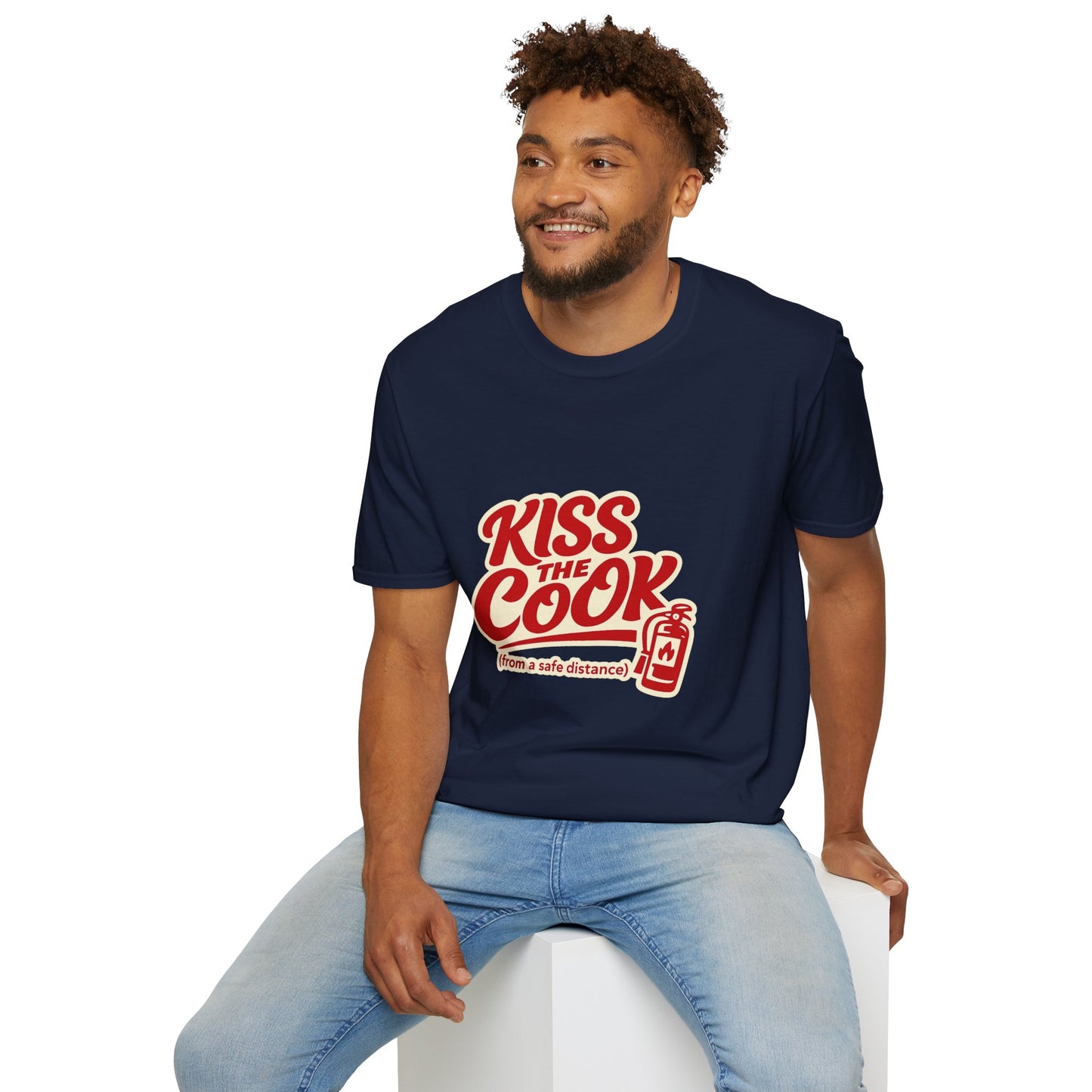 Kiss The Cook T-Shirt — Retro Red Graphic Tee ("Kiss The Cook from a safe distance")