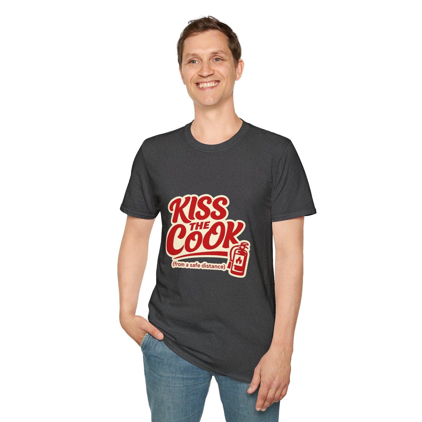 Kiss The Cook T-Shirt — Retro Red Graphic Tee ("Kiss The Cook from a safe distance")