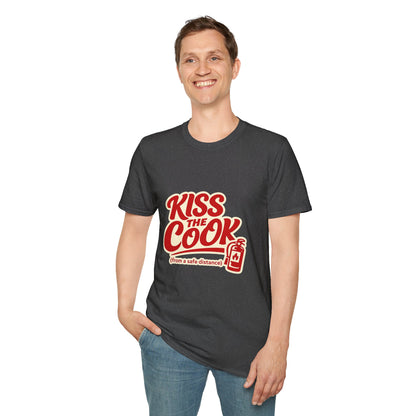 Kiss The Cook T-Shirt — Retro Red Graphic Tee ("Kiss The Cook from a safe distance")