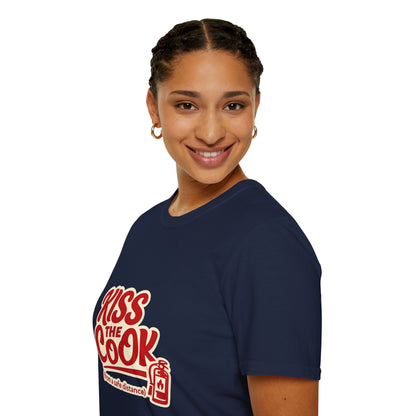 Kiss The Cook T-Shirt — Retro Red Graphic Tee ("Kiss The Cook from a safe distance")