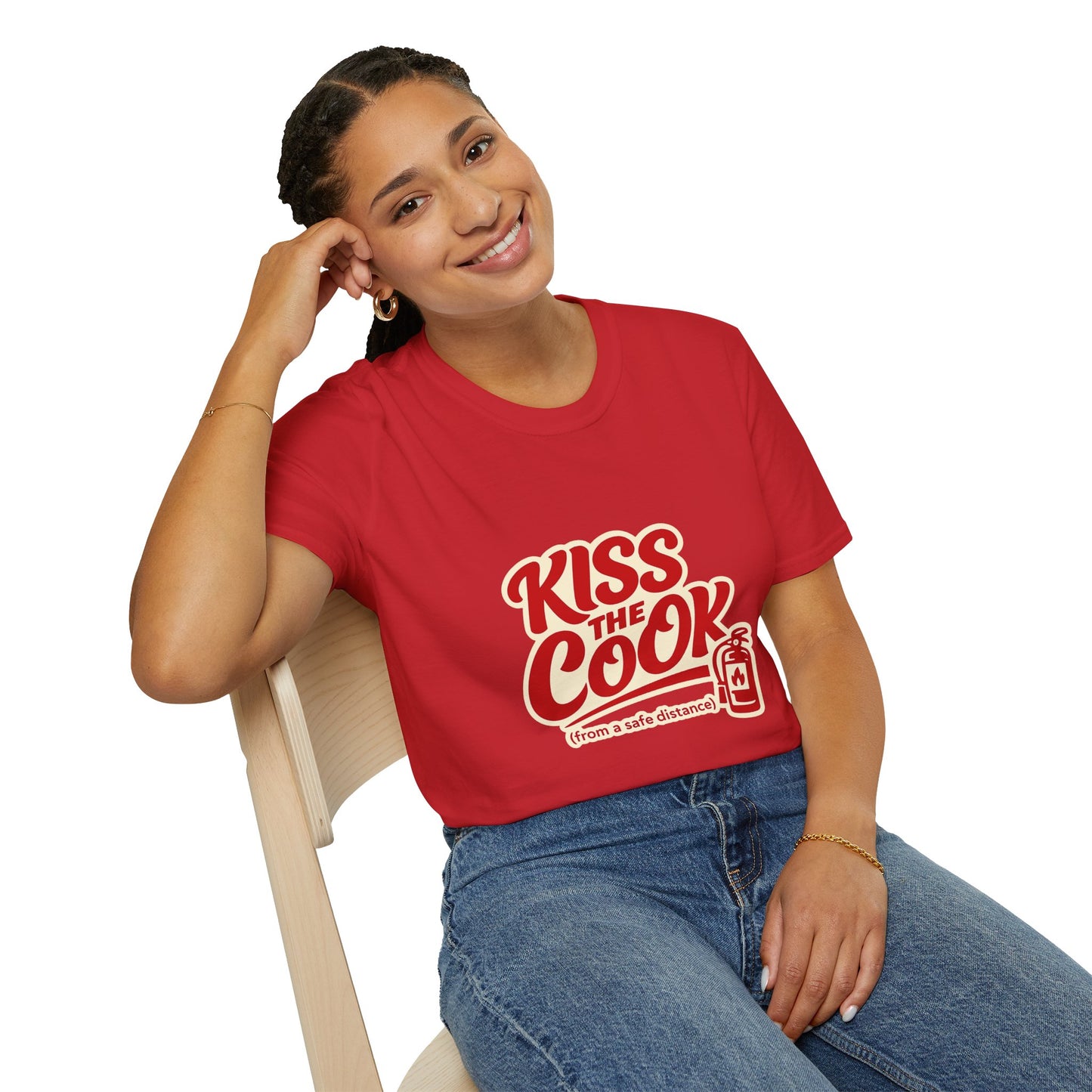 Kiss The Cook T-Shirt — Retro Red Graphic Tee ("Kiss The Cook from a safe distance")