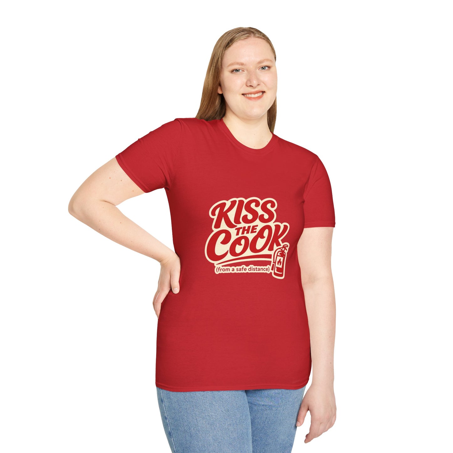 Kiss The Cook T-Shirt — Retro Red Graphic Tee ("Kiss The Cook from a safe distance")