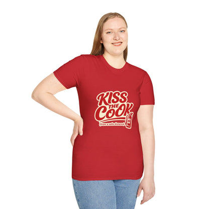 Kiss The Cook T-Shirt — Retro Red Graphic Tee ("Kiss The Cook from a safe distance")
