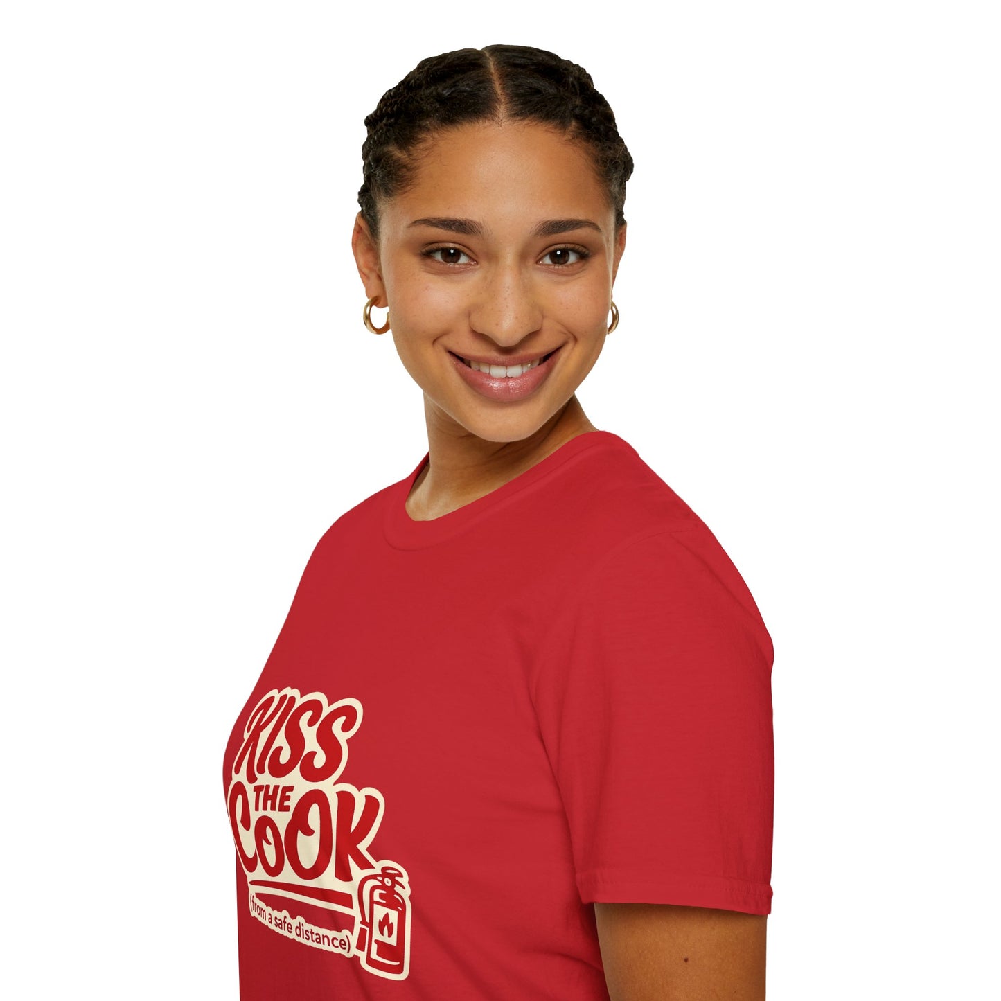 Kiss The Cook T-Shirt — Retro Red Graphic Tee ("Kiss The Cook from a safe distance")