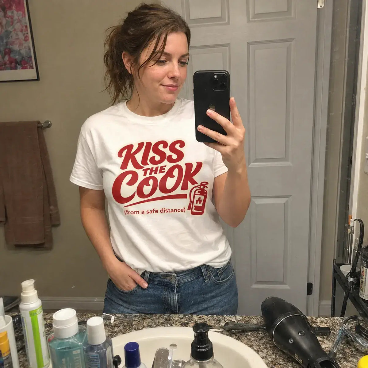 Kiss The Cook T-Shirt — Retro Red Graphic Tee ("Kiss The Cook from a safe distance")