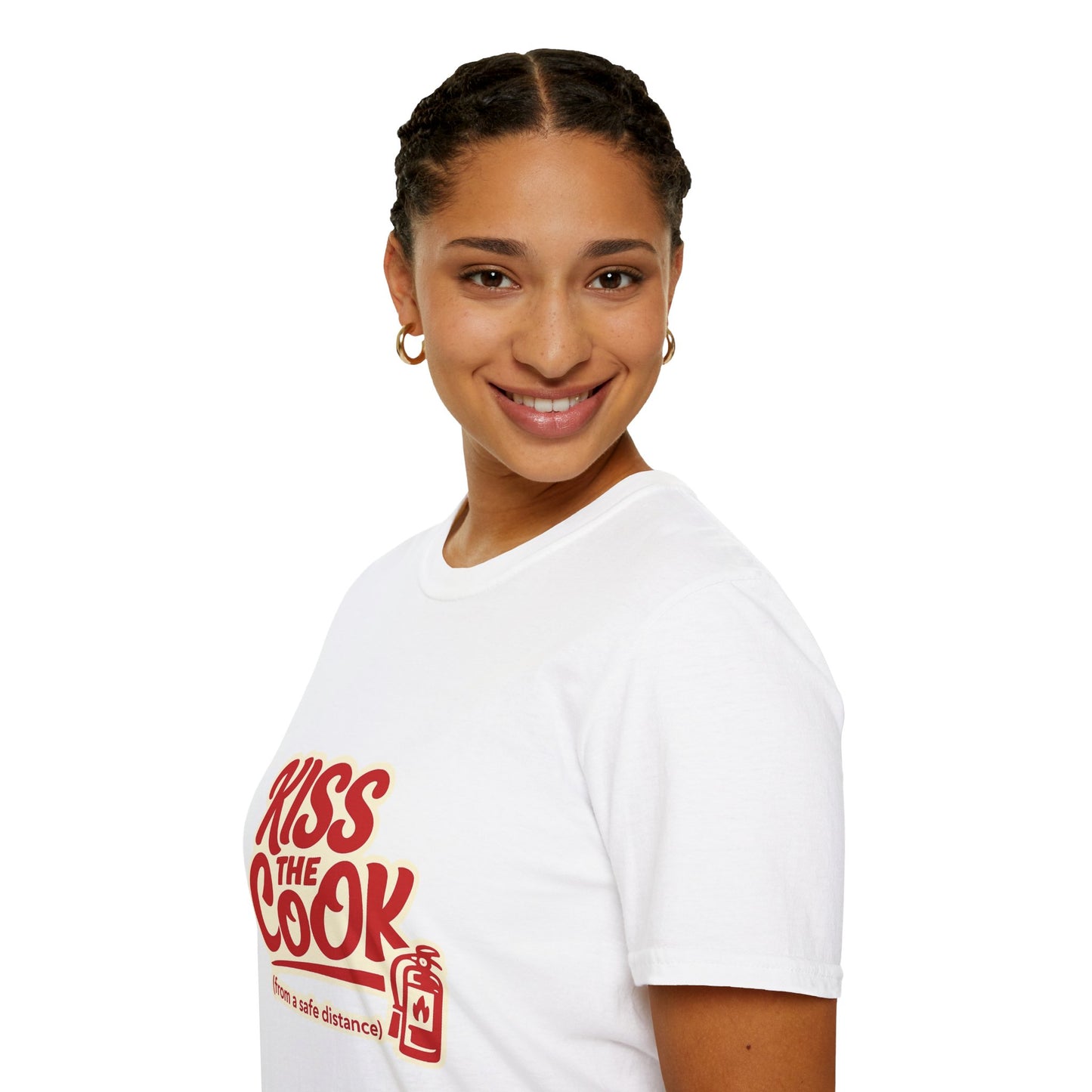 Kiss The Cook T-Shirt — Retro Red Graphic Tee ("Kiss The Cook from a safe distance")