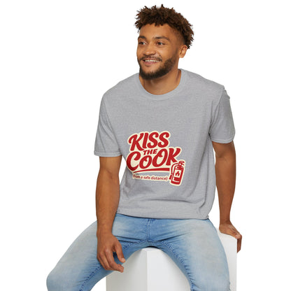 Kiss The Cook T-Shirt — Retro Red Graphic Tee ("Kiss The Cook from a safe distance")