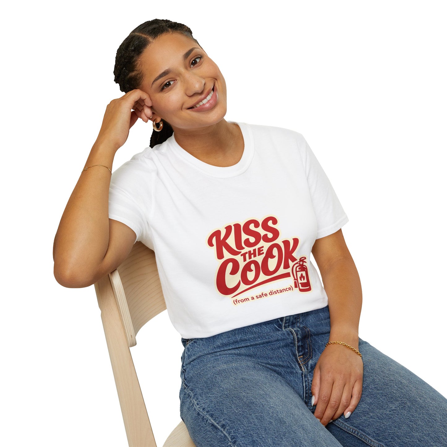 Kiss The Cook T-Shirt — Retro Red Graphic Tee ("Kiss The Cook from a safe distance")