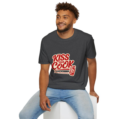 Kiss The Cook T-Shirt — Retro Red Graphic Tee ("Kiss The Cook from a safe distance")