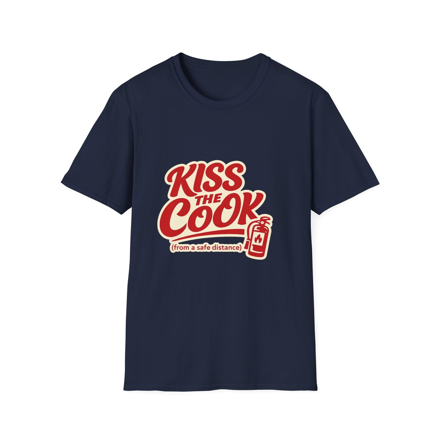 Kiss The Cook T-Shirt — Retro Red Graphic Tee ("Kiss The Cook from a safe distance")
