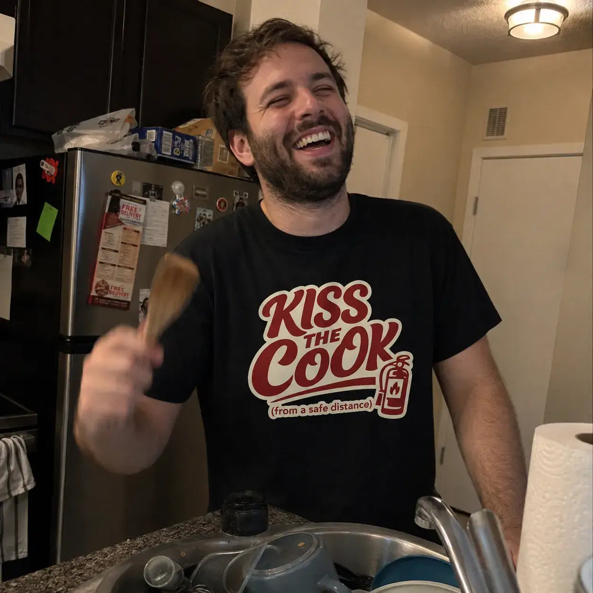 Kiss The Cook T-Shirt — Retro Red Graphic Tee ("Kiss The Cook from a safe distance")