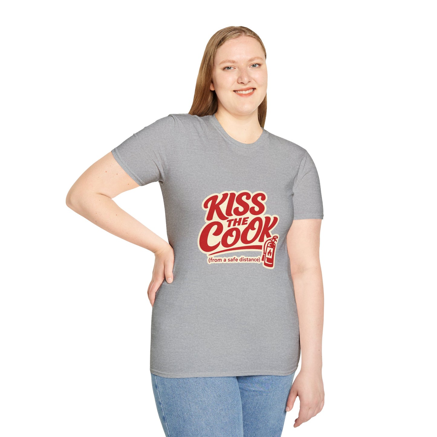 Kiss The Cook T-Shirt — Retro Red Graphic Tee ("Kiss The Cook from a safe distance")