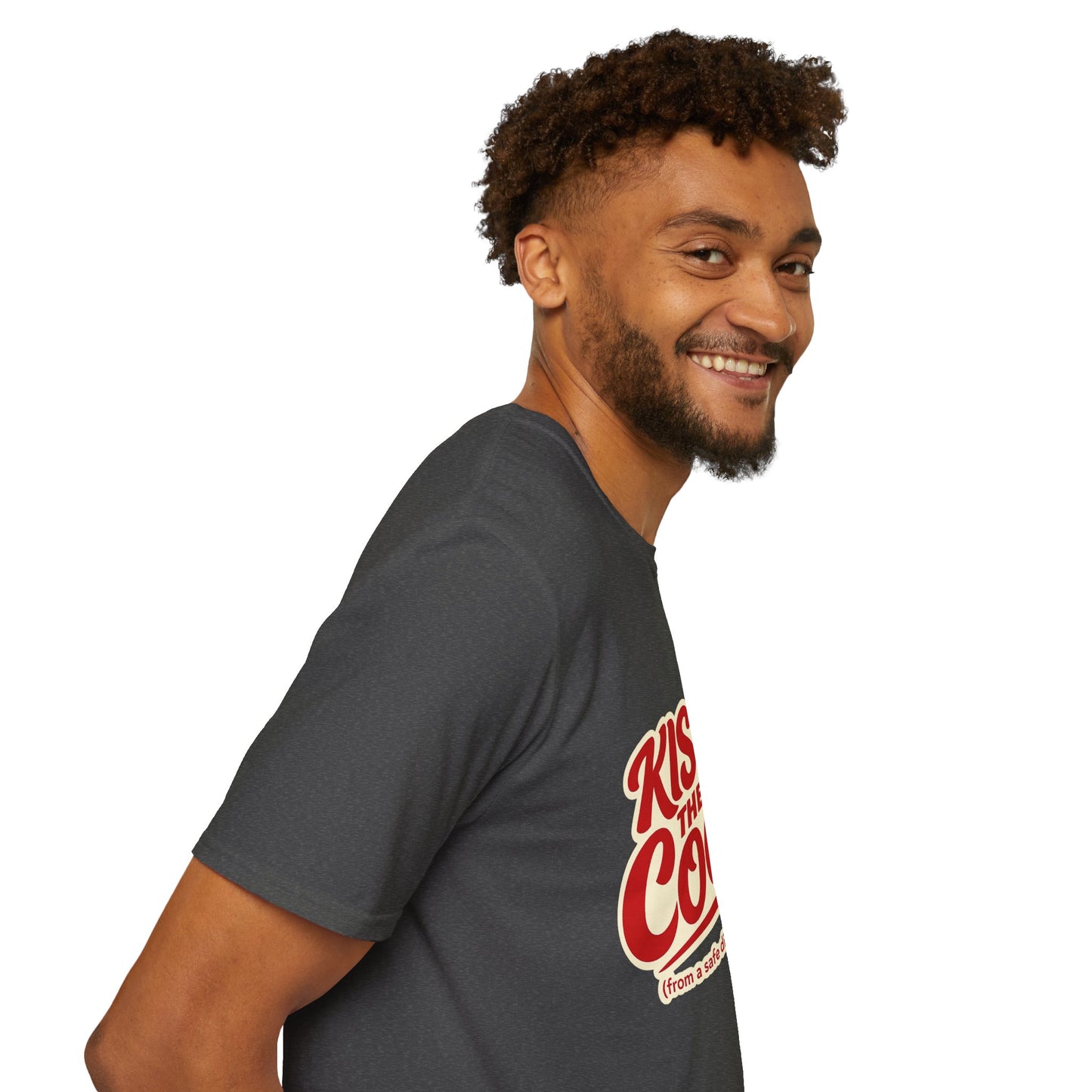 Kiss The Cook T-Shirt — Retro Red Graphic Tee ("Kiss The Cook from a safe distance")