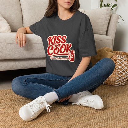 Kiss The Cook T-Shirt — Retro Red Graphic Tee ("Kiss The Cook from a safe distance")