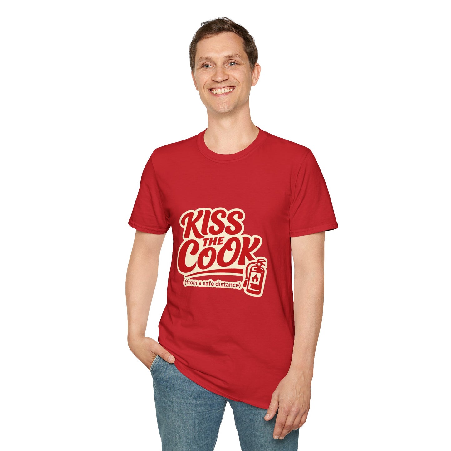 Kiss The Cook T-Shirt — Retro Red Graphic Tee ("Kiss The Cook from a safe distance")