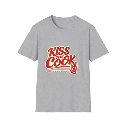 Kiss The Cook T-Shirt — Retro Red Graphic Tee ("Kiss The Cook from a safe distance")