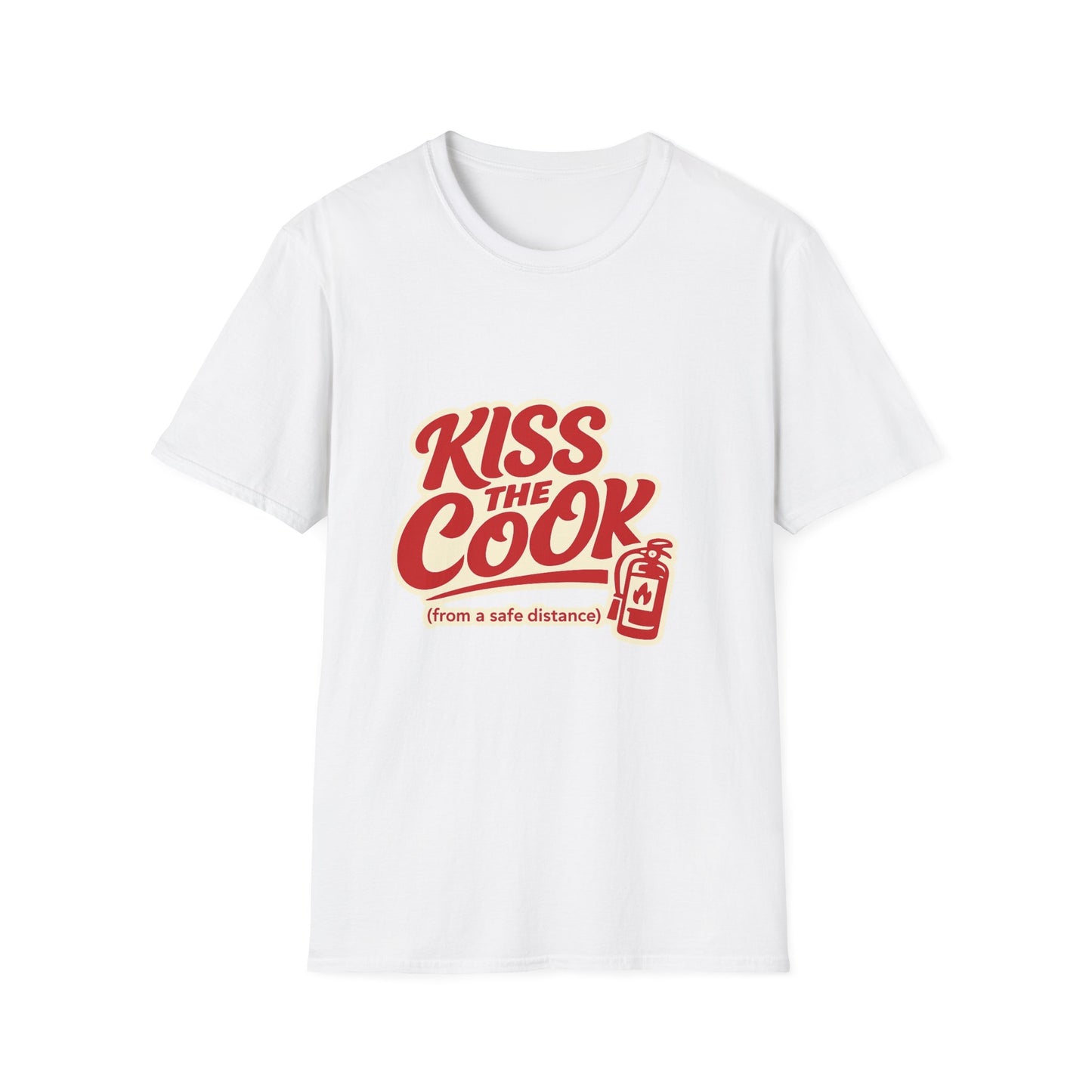 Kiss The Cook T-Shirt — Retro Red Graphic Tee ("Kiss The Cook from a safe distance")
