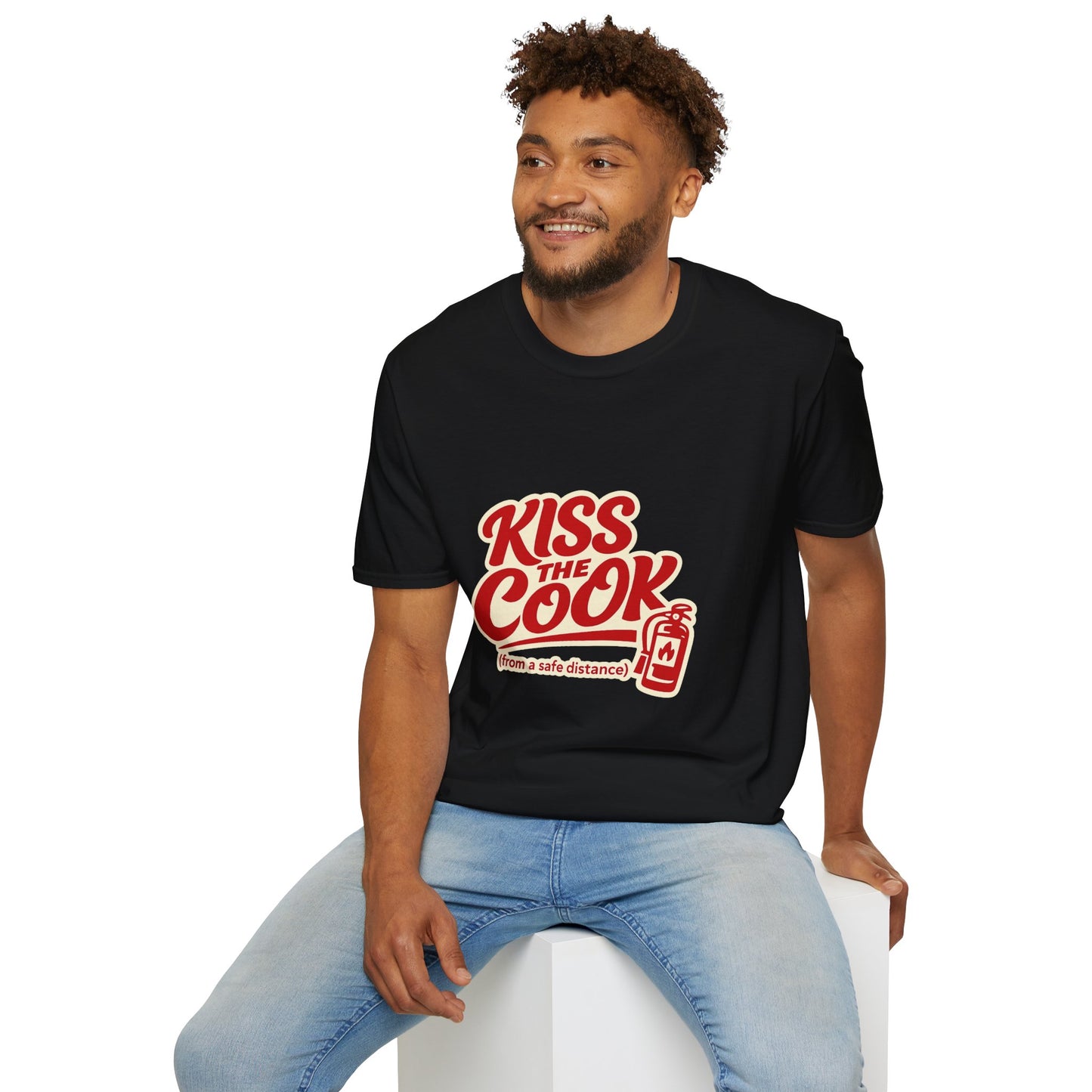 Kiss The Cook T-Shirt — Retro Red Graphic Tee ("Kiss The Cook from a safe distance")