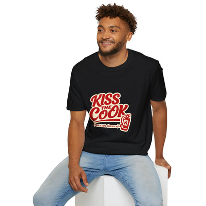 Kiss The Cook T-Shirt — Retro Red Graphic Tee ("Kiss The Cook from a safe distance")