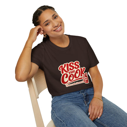 Kiss The Cook T-Shirt — Retro Red Graphic Tee ("Kiss The Cook from a safe distance")