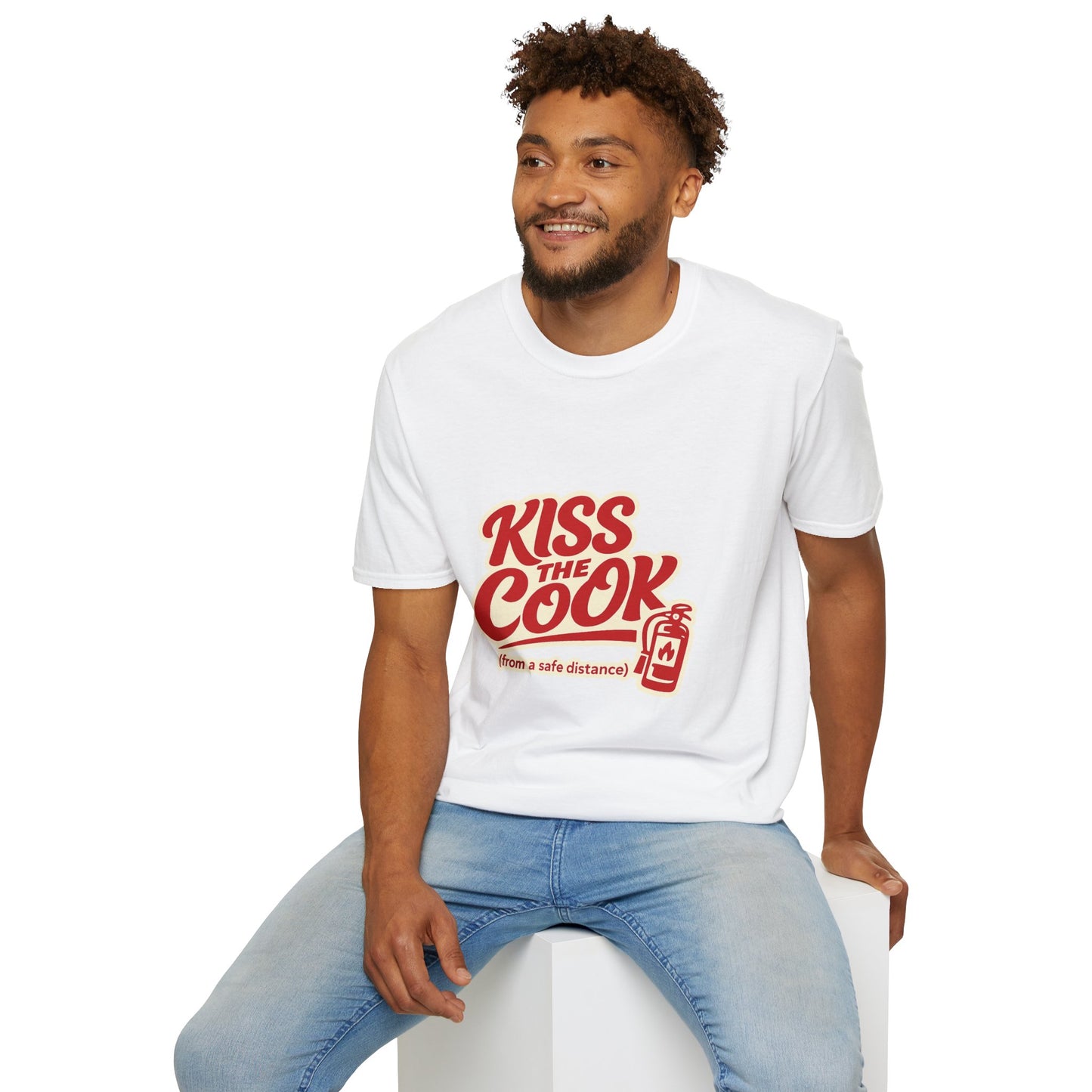 Kiss The Cook T-Shirt — Retro Red Graphic Tee ("Kiss The Cook from a safe distance")