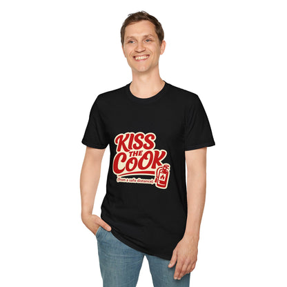 Kiss The Cook T-Shirt — Retro Red Graphic Tee ("Kiss The Cook from a safe distance")