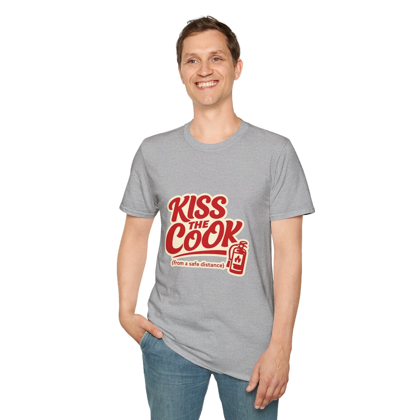 Kiss The Cook T-Shirt — Retro Red Graphic Tee ("Kiss The Cook from a safe distance")