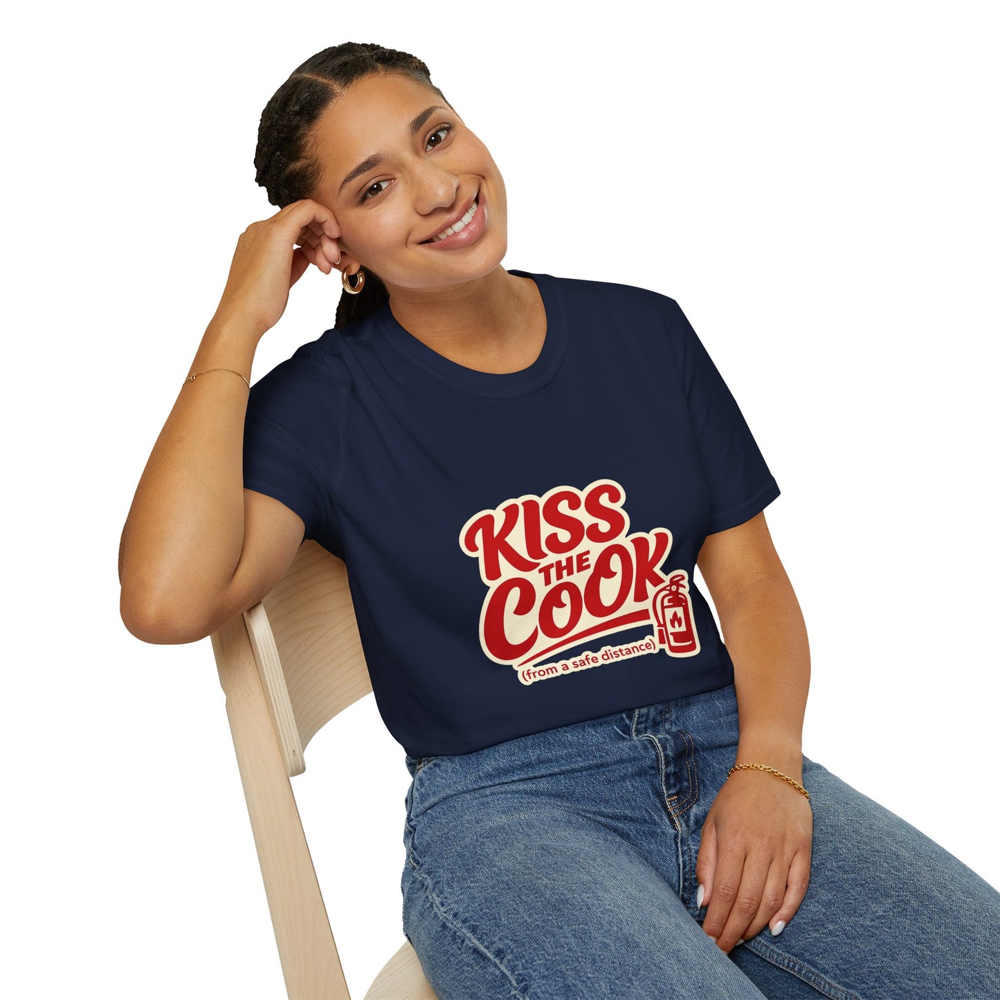 Kiss The Cook T-Shirt — Retro Red Graphic Tee ("Kiss The Cook from a safe distance")