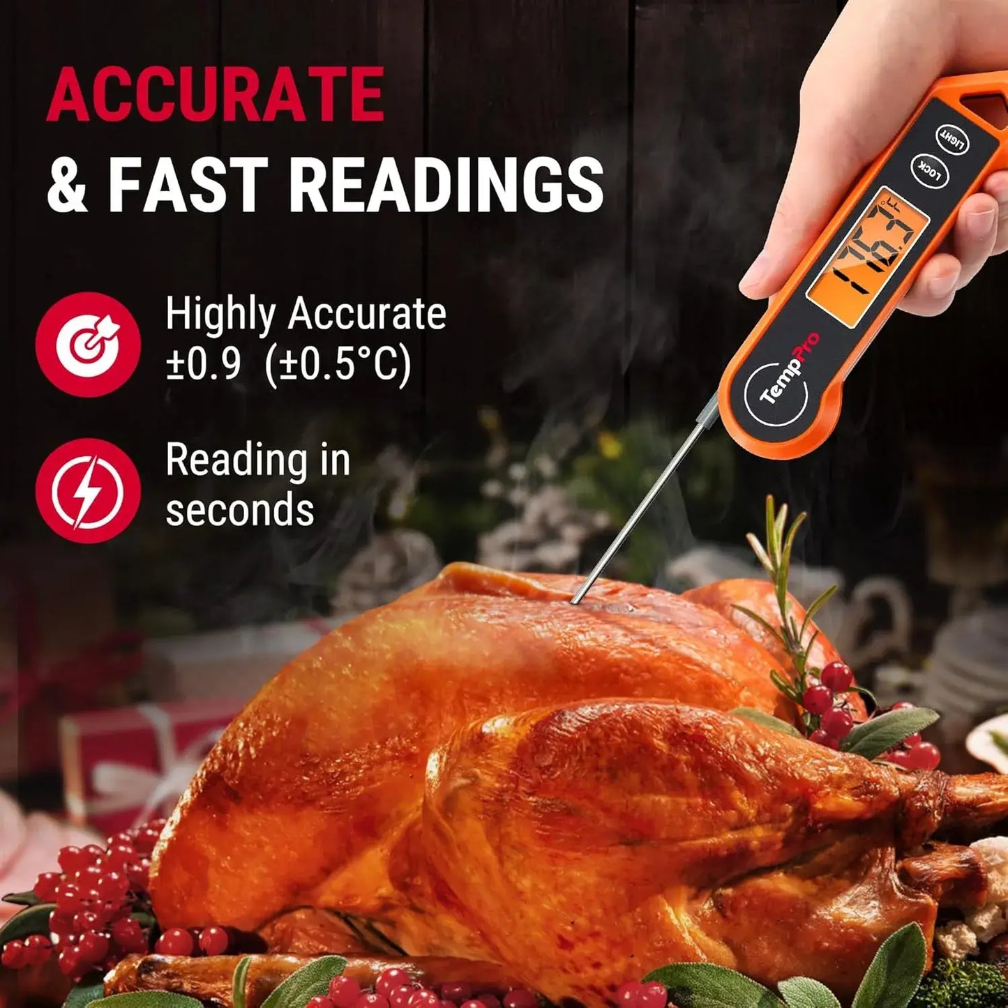 Instant Read Meat Thermometer — 1-Second Reading, Waterproof, Backlit Display