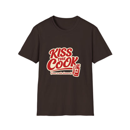 Kiss The Cook T-Shirt — Retro Red Graphic Tee ("Kiss The Cook from a safe distance")