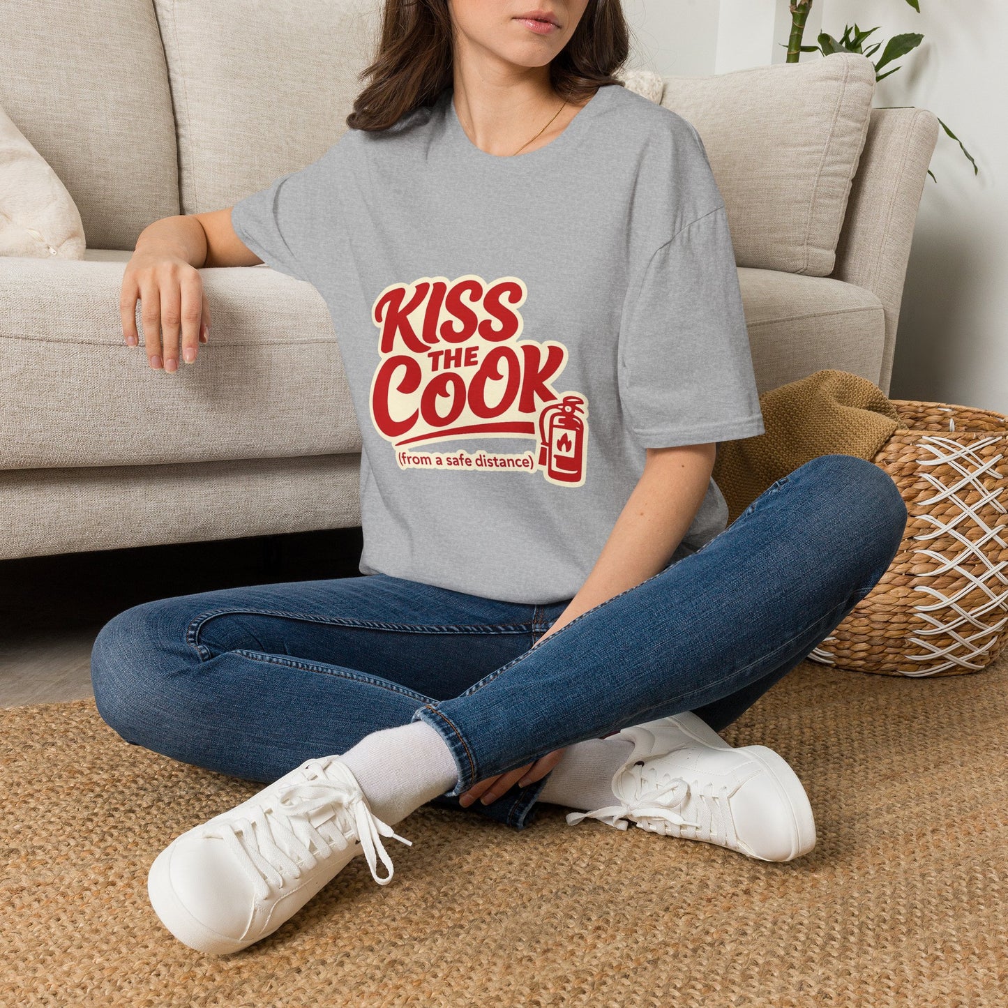 Kiss The Cook T-Shirt — Retro Red Graphic Tee ("Kiss The Cook from a safe distance")